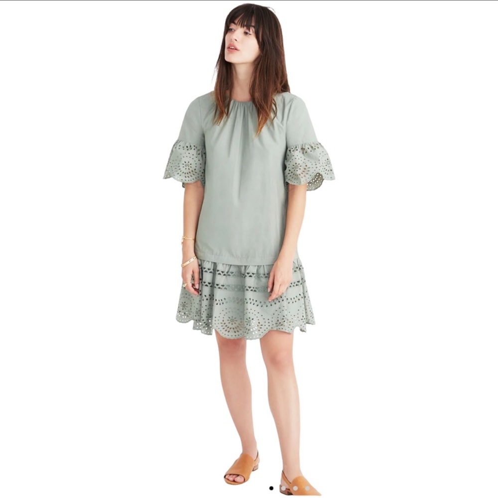 NWT Madewell Womens Eyelet Drop Waist Moss Green Dress Cotton Short Sleeves XS